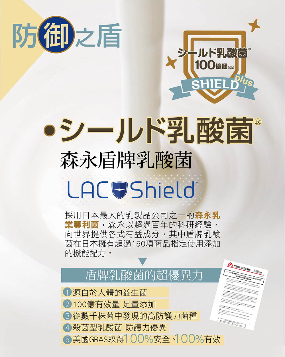 選用日本專利成份 盾牌乳酸菌 獲得GRAS認證